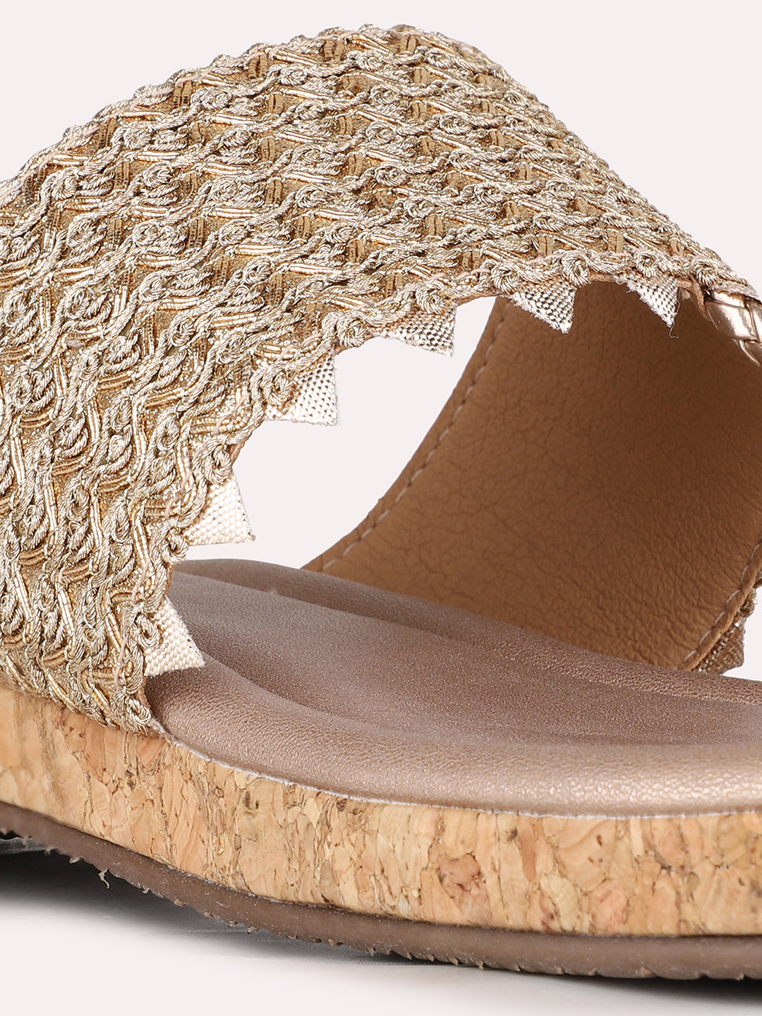 Women Rose Gold Ethnic Embellished T-Strap Slip-On Flat Sandals