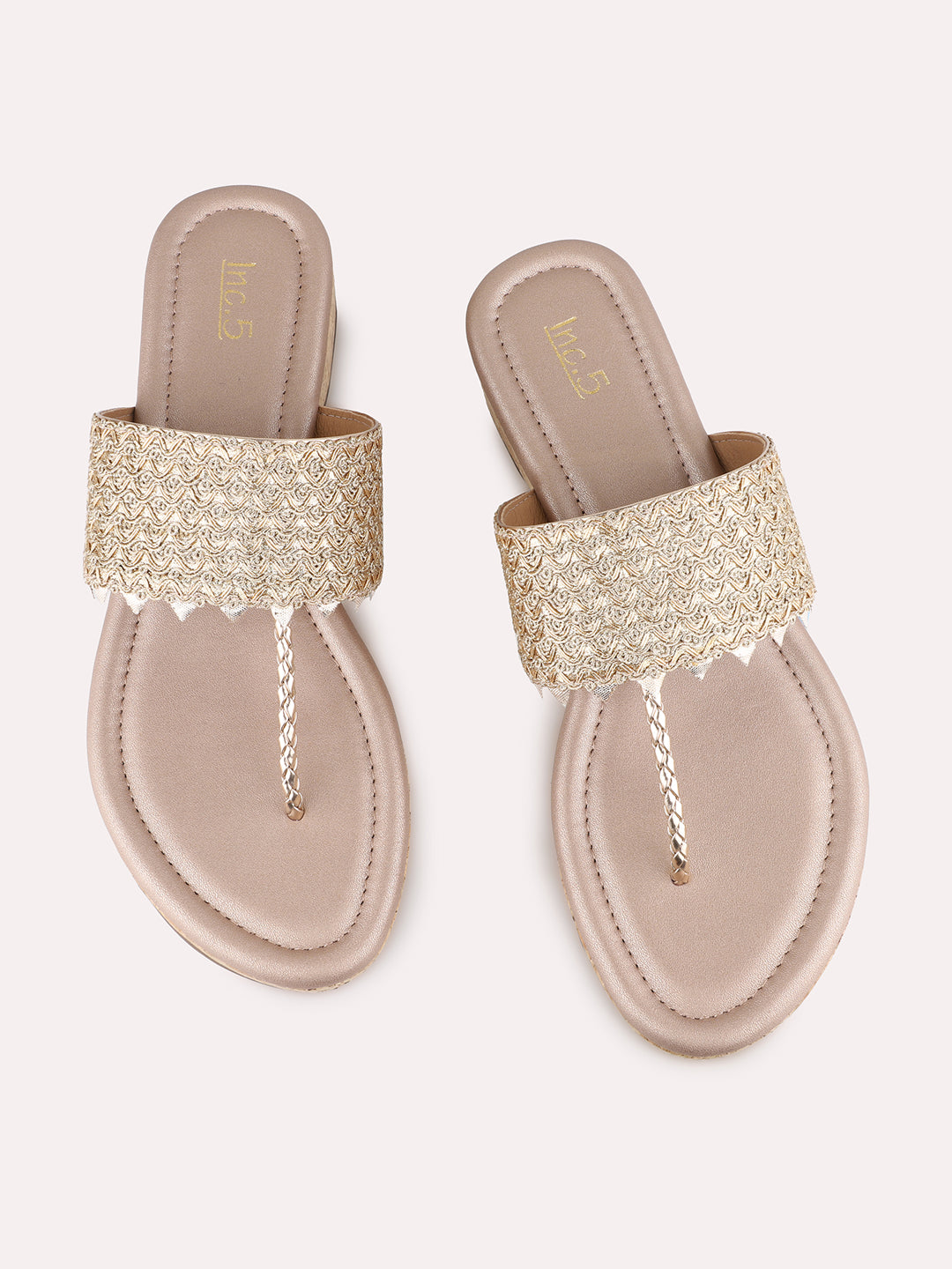Women Rose Gold Ethnic Embellished T-Strap Slip-On Flat Sandals