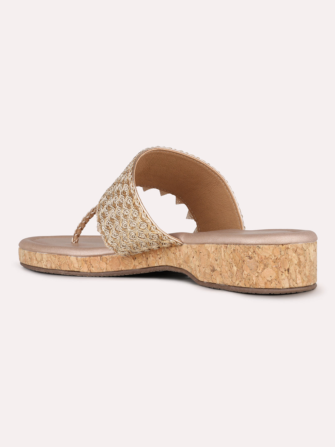 Women Rose Gold Ethnic Embellished T-Strap Slip-On Flat Sandals