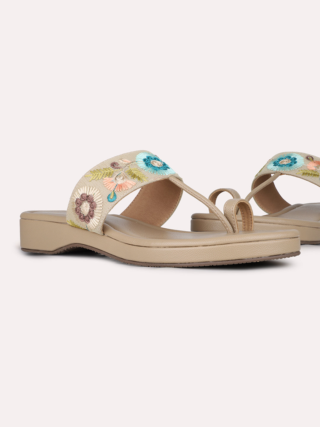 Womens Beige Ethnic Embellished One Toe Flats