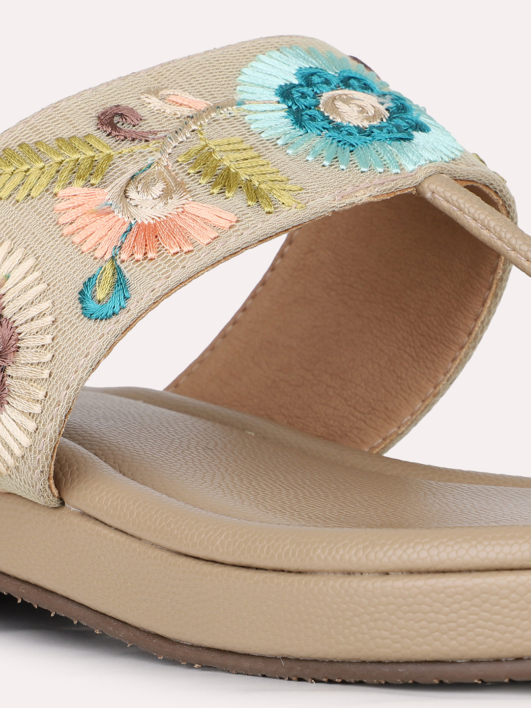 Womens Beige Ethnic Embellished One Toe Flats