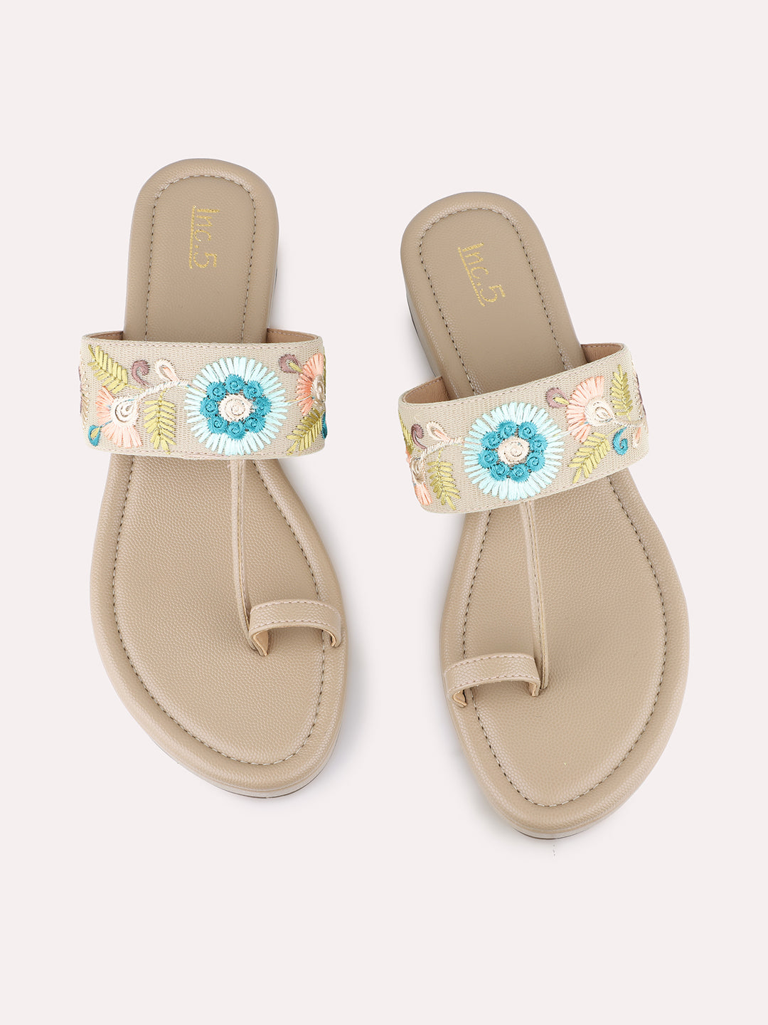 Womens Beige Ethnic Embellished One Toe Flats