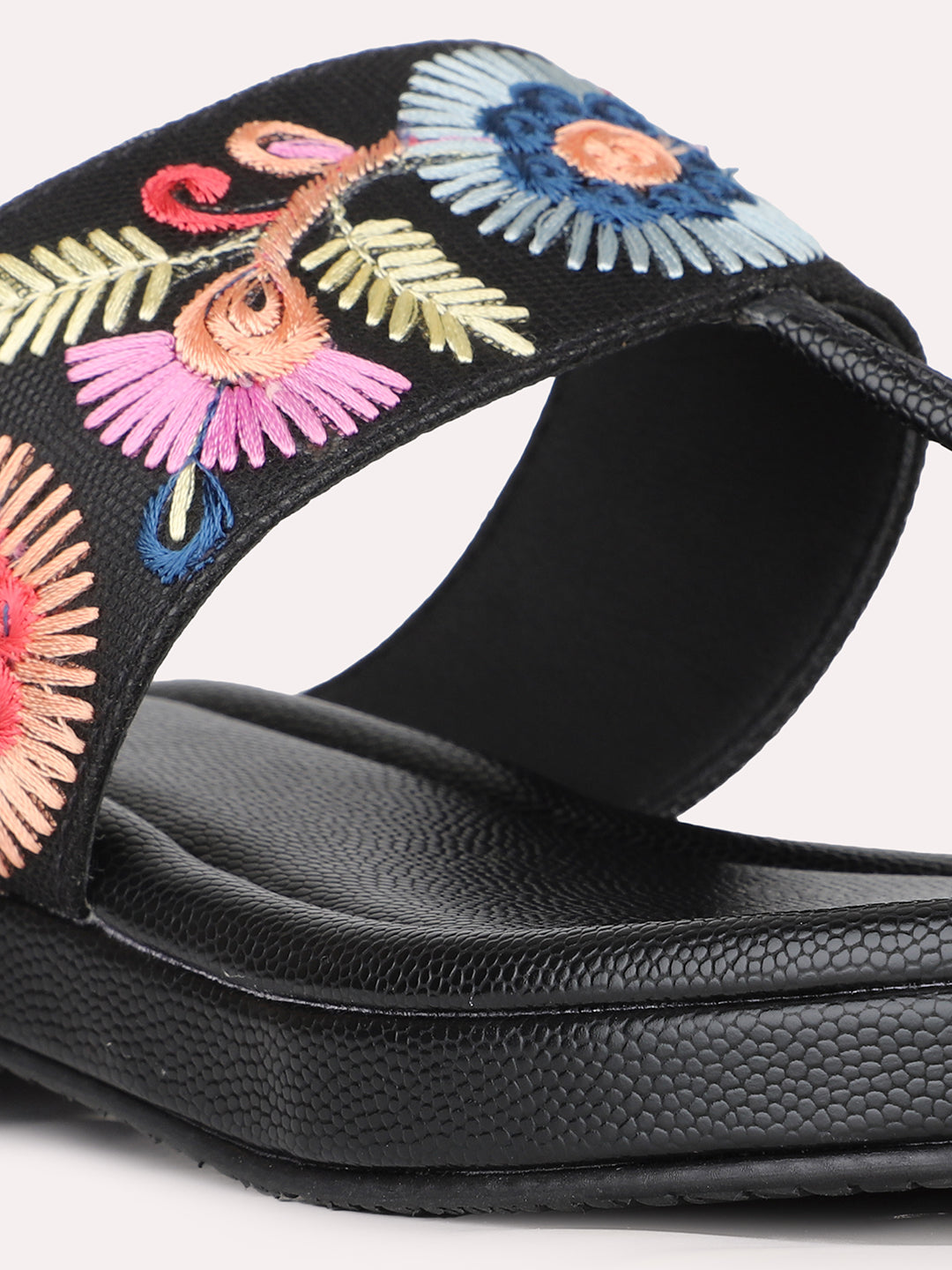 Womens Black Ethnic Embellished One Toe Flat Slip-On Sandals