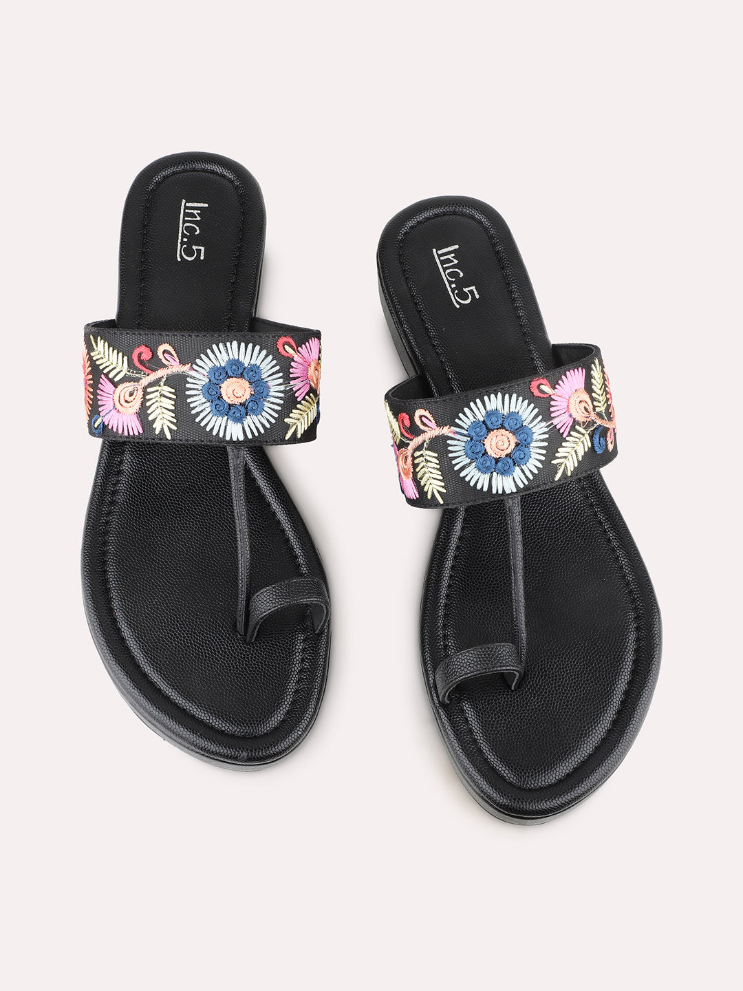 Womens Black Ethnic Embellished One Toe Flat Slip-On Sandals