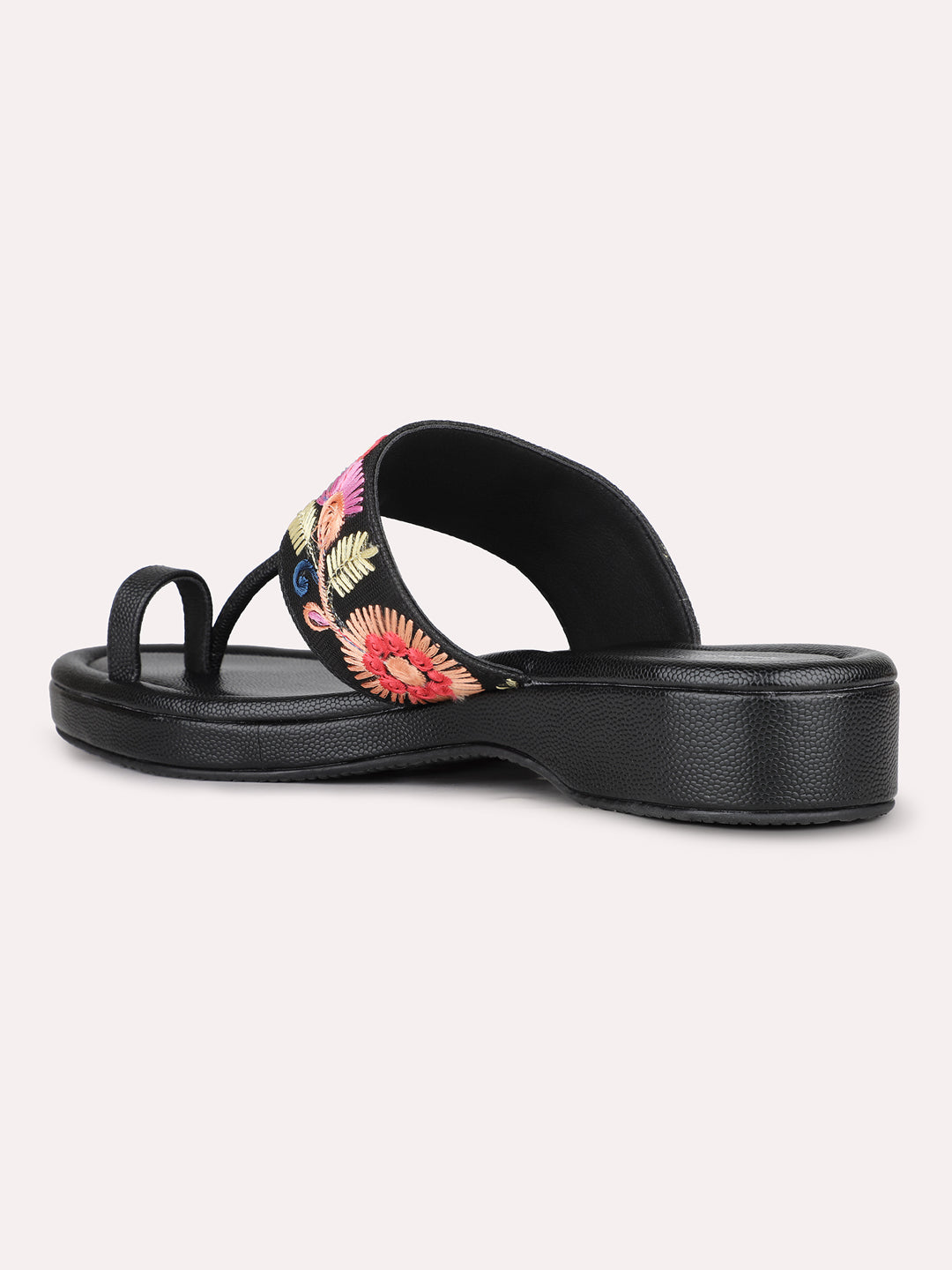 Womens Black Ethnic Embellished One Toe Flat Slip-On Sandals