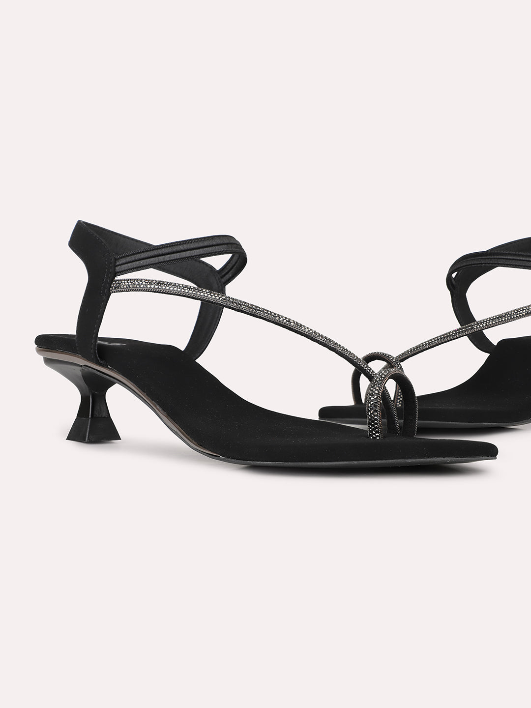 Women Black Party Wear Embellished Round Toe Block Heel Sandals