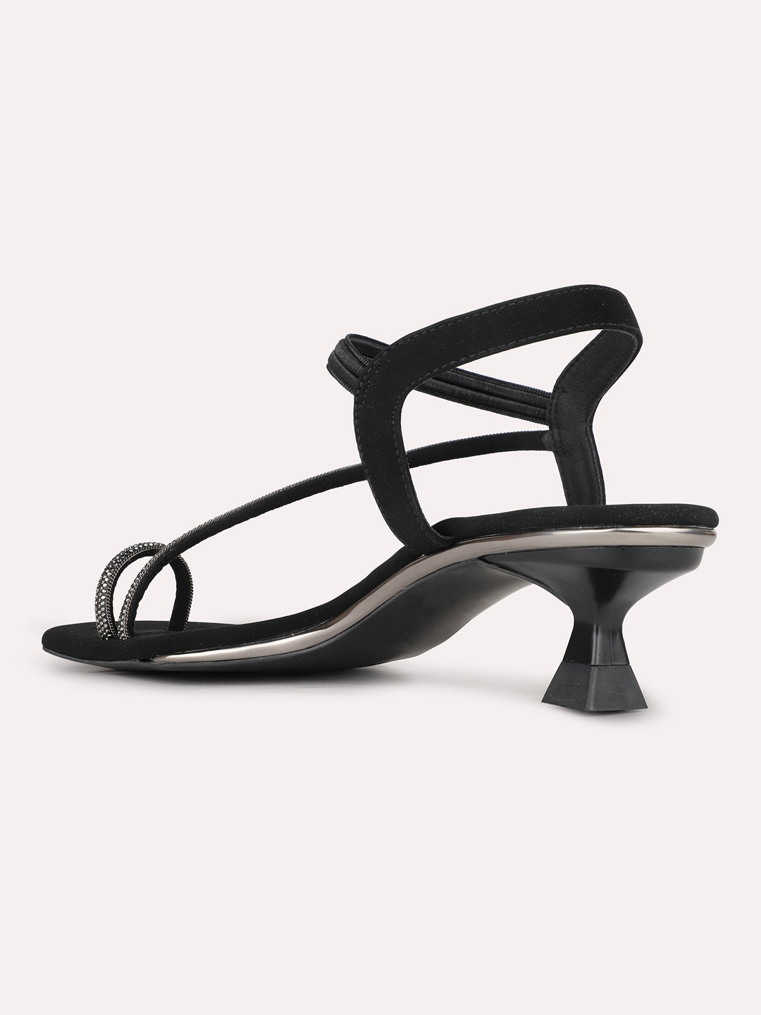 Women Black Party Wear Embellished Round Toe Block Heel Sandals