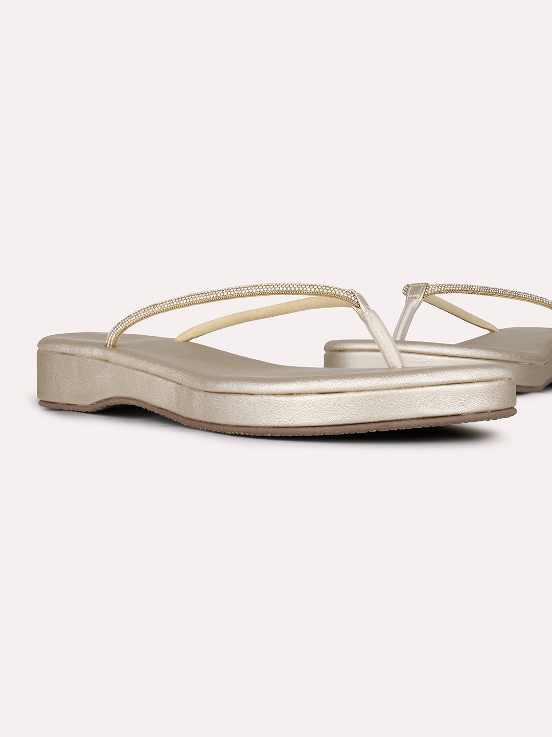 Womens Golden Ethnic Solid T-Strap Flat Slip-On Sandals