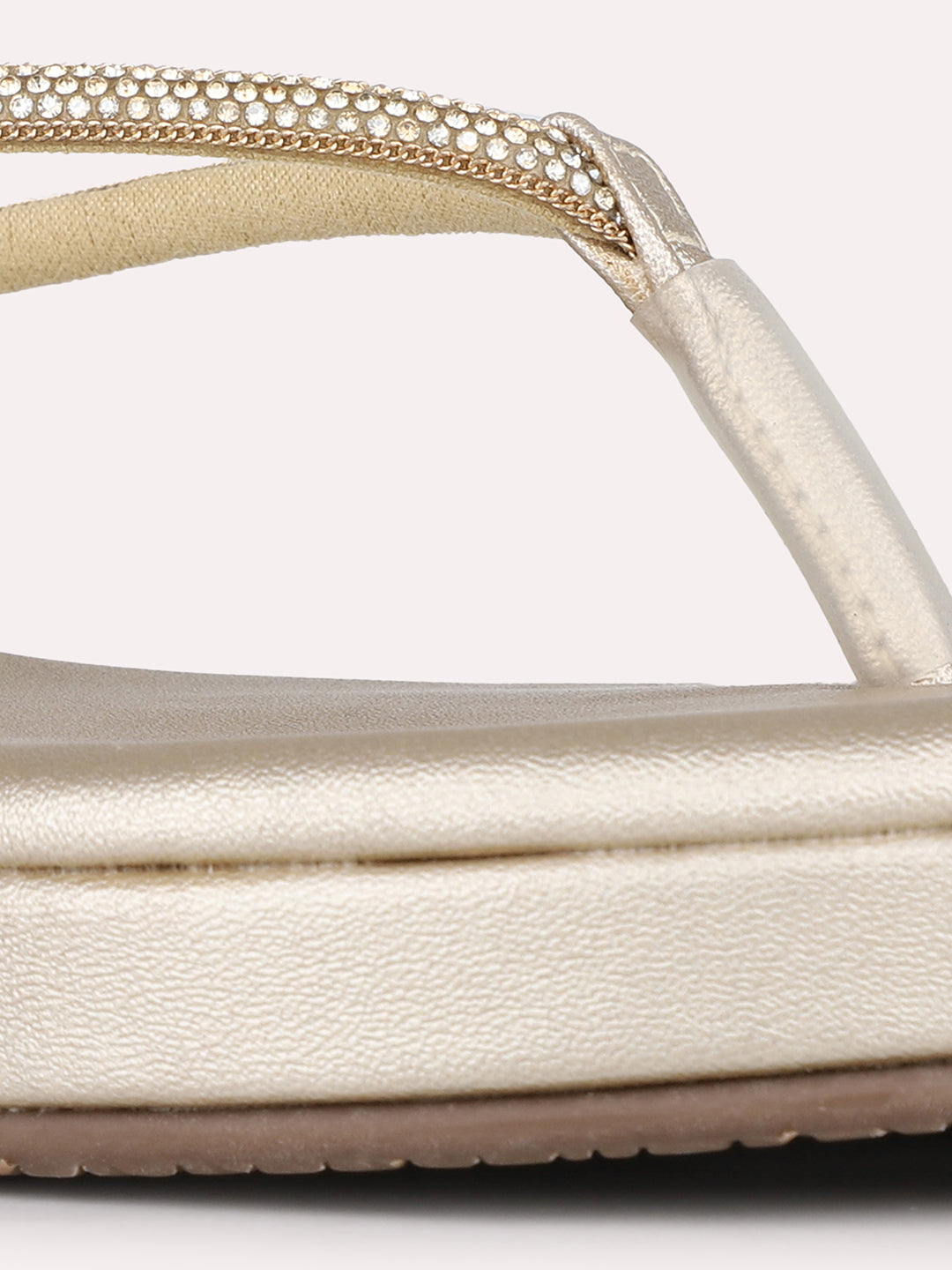 Womens Golden Ethnic Solid T-Strap Flat Slip-On Sandals