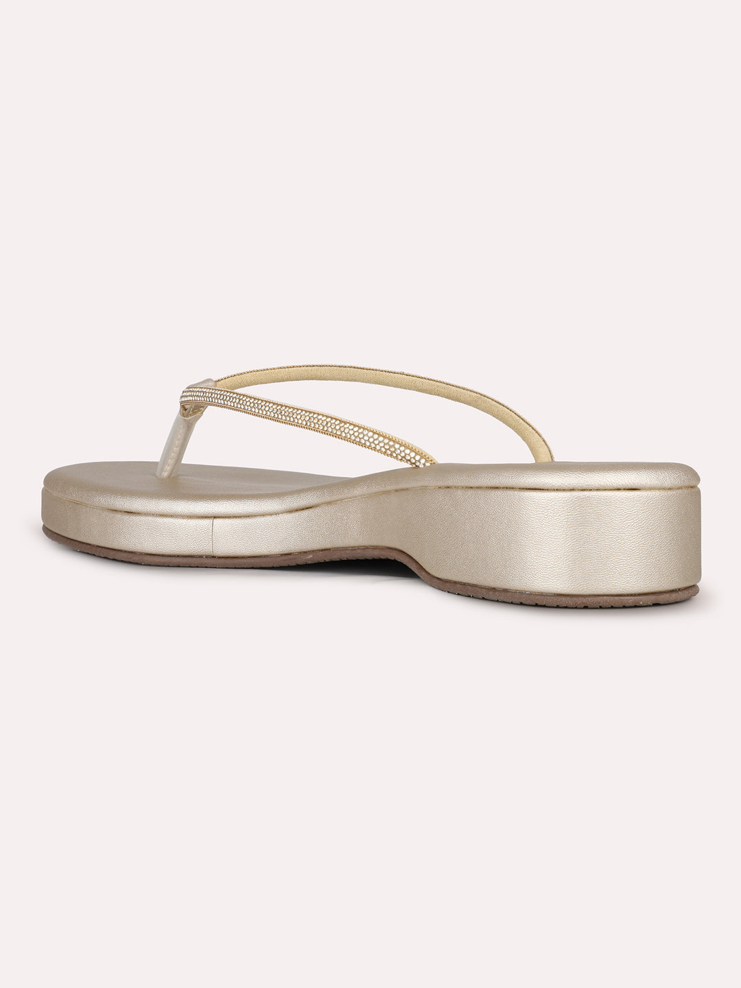 Womens Golden Ethnic Solid T-Strap Flat Slip-On Sandals