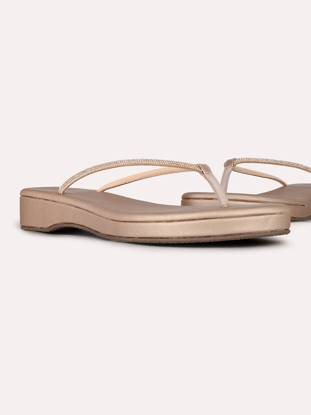 Womens Rose Gold Casual Solid T-Strap Slip-On Flat Sandals