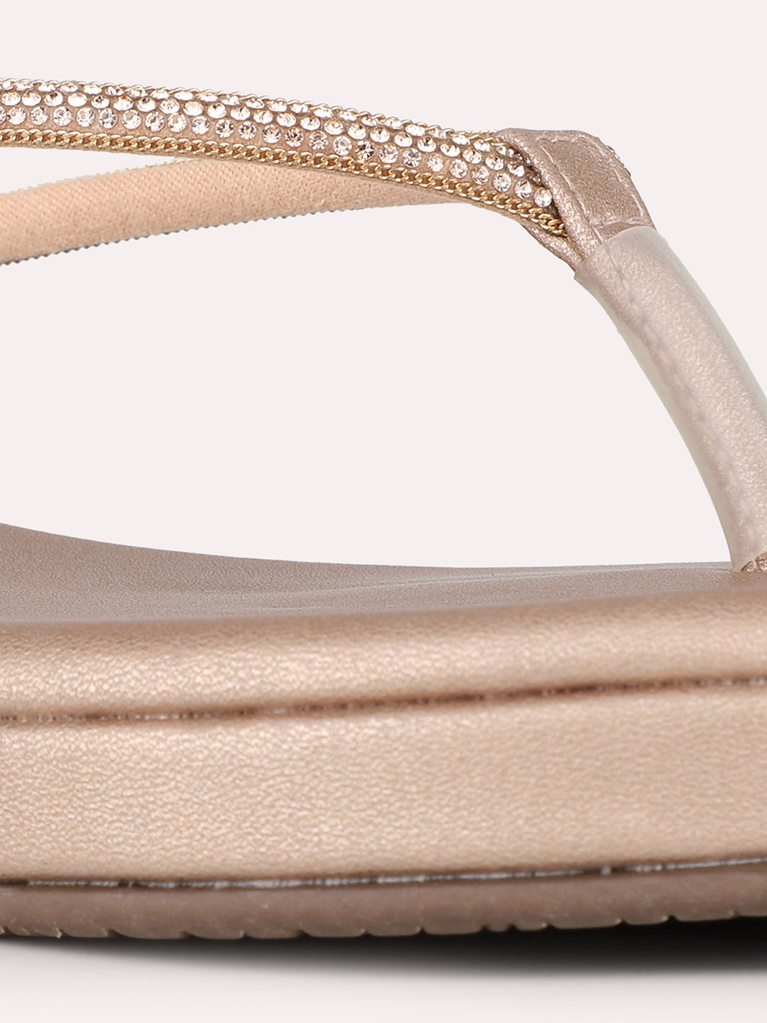 Womens Rose Gold Ethnic Embellished T-Strap Flat Slip-Ons