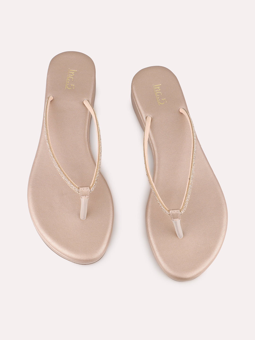 Womens Rose Gold Ethnic Embellished T-Strap Flat Slip-Ons