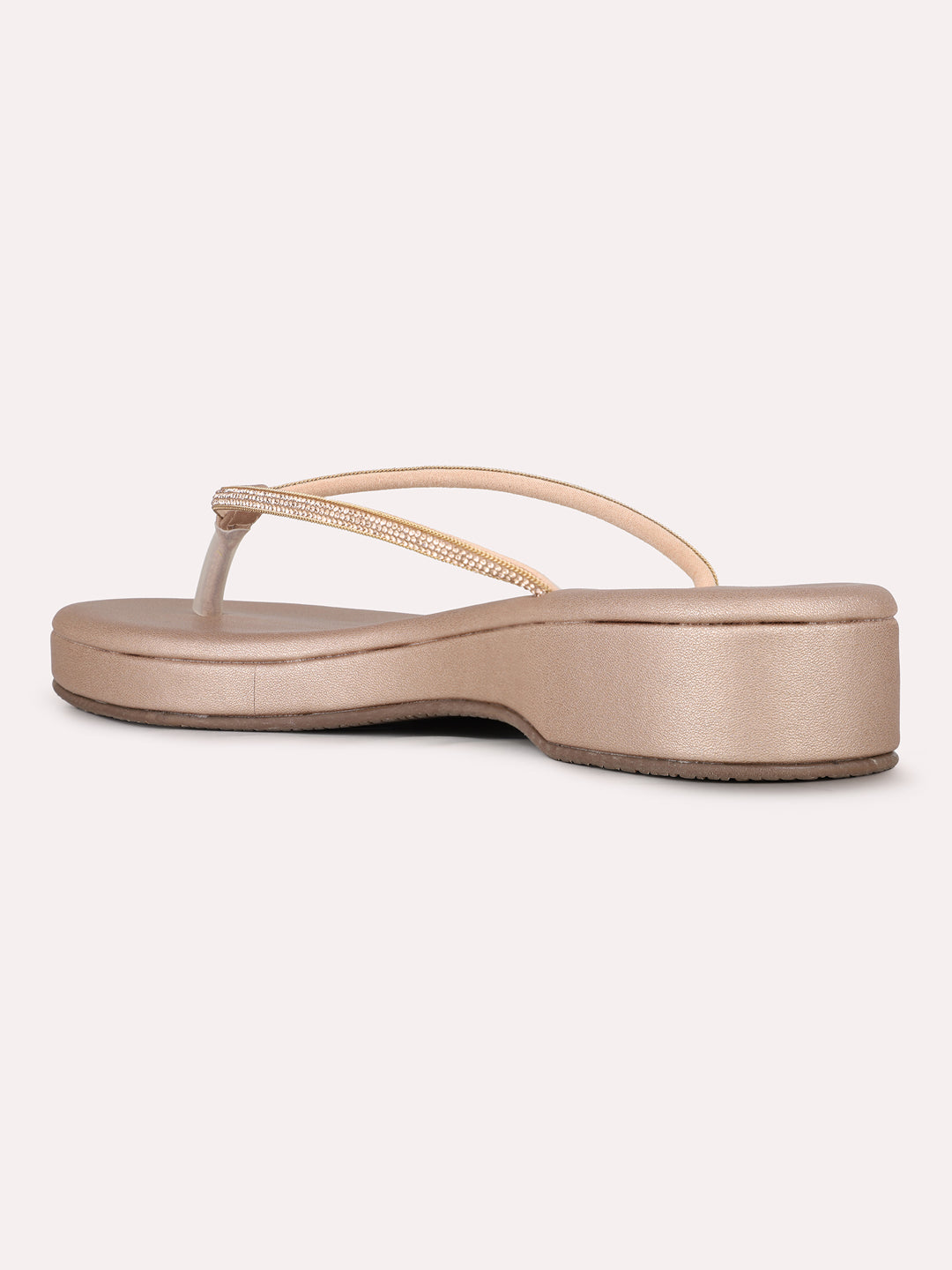 Womens Rose Gold Ethnic Embellished T-Strap Flat Slip-Ons