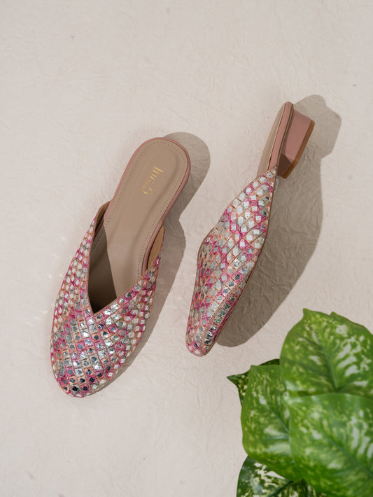 Womens Peach Ethnic Embellished Round Toe Flats