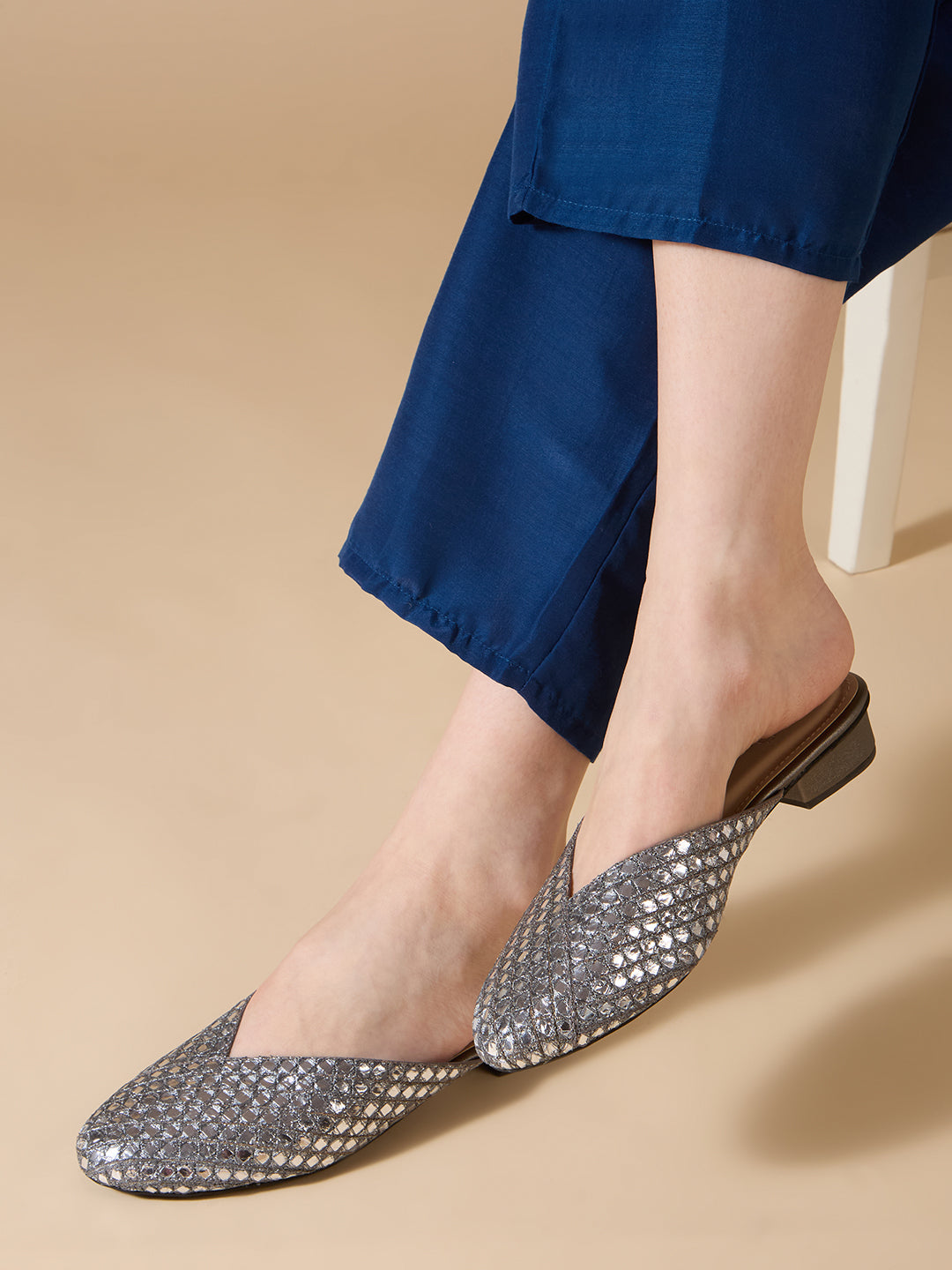 Womens Pewter Ethnic Embellished Round Toe Block Heel Mules