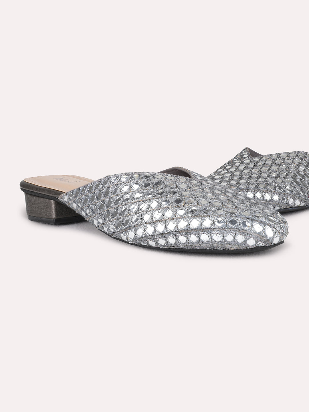 Womens Pewter Ethnic Embellished Round Toe Block Heel Mules