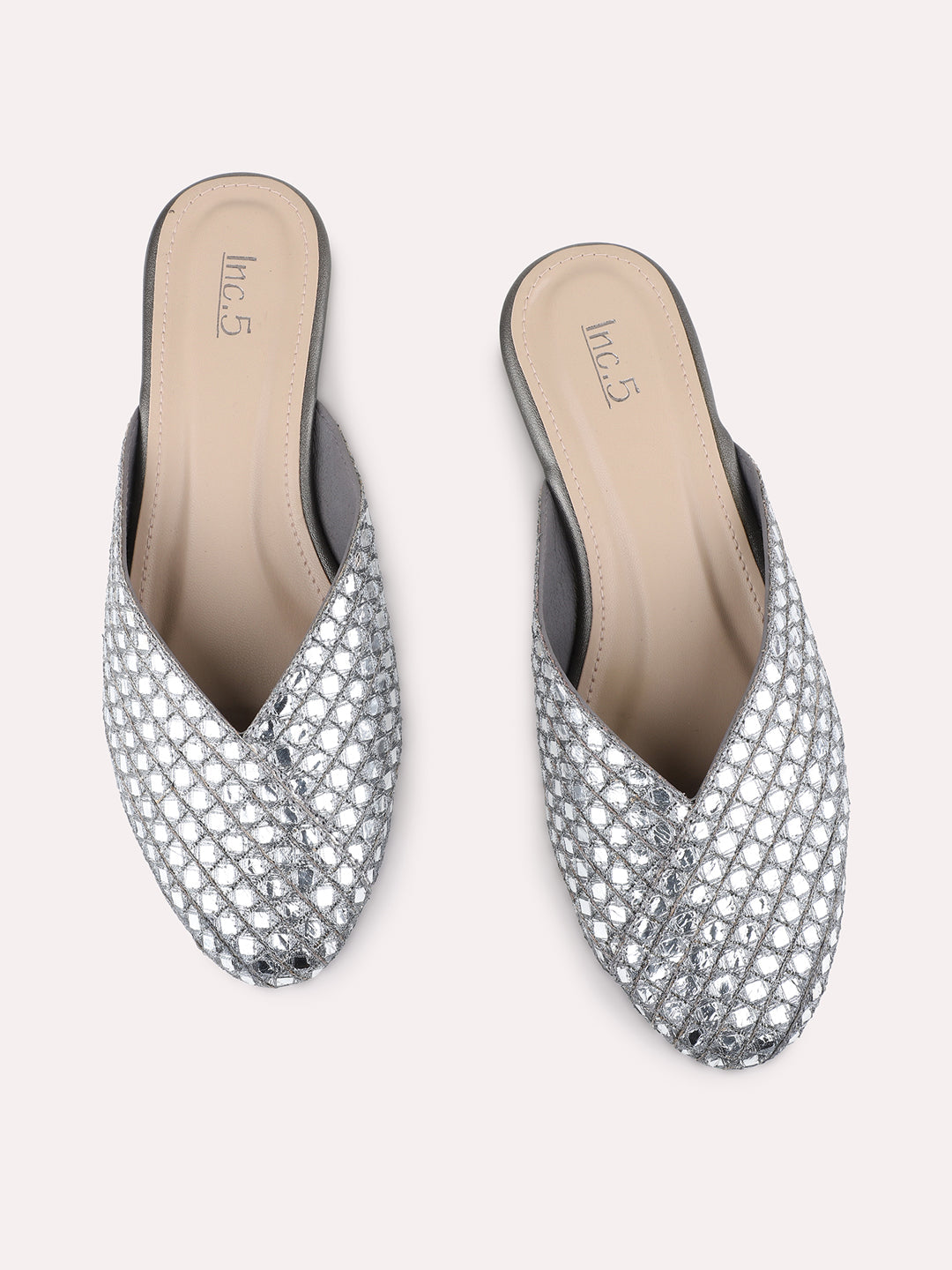 Womens Pewter Ethnic Embellished Round Toe Block Heel Mules