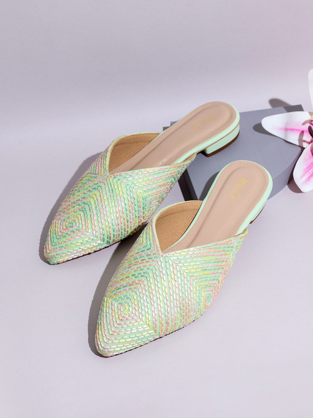 Womens Green Party Wear Printed Toe Flats Mules