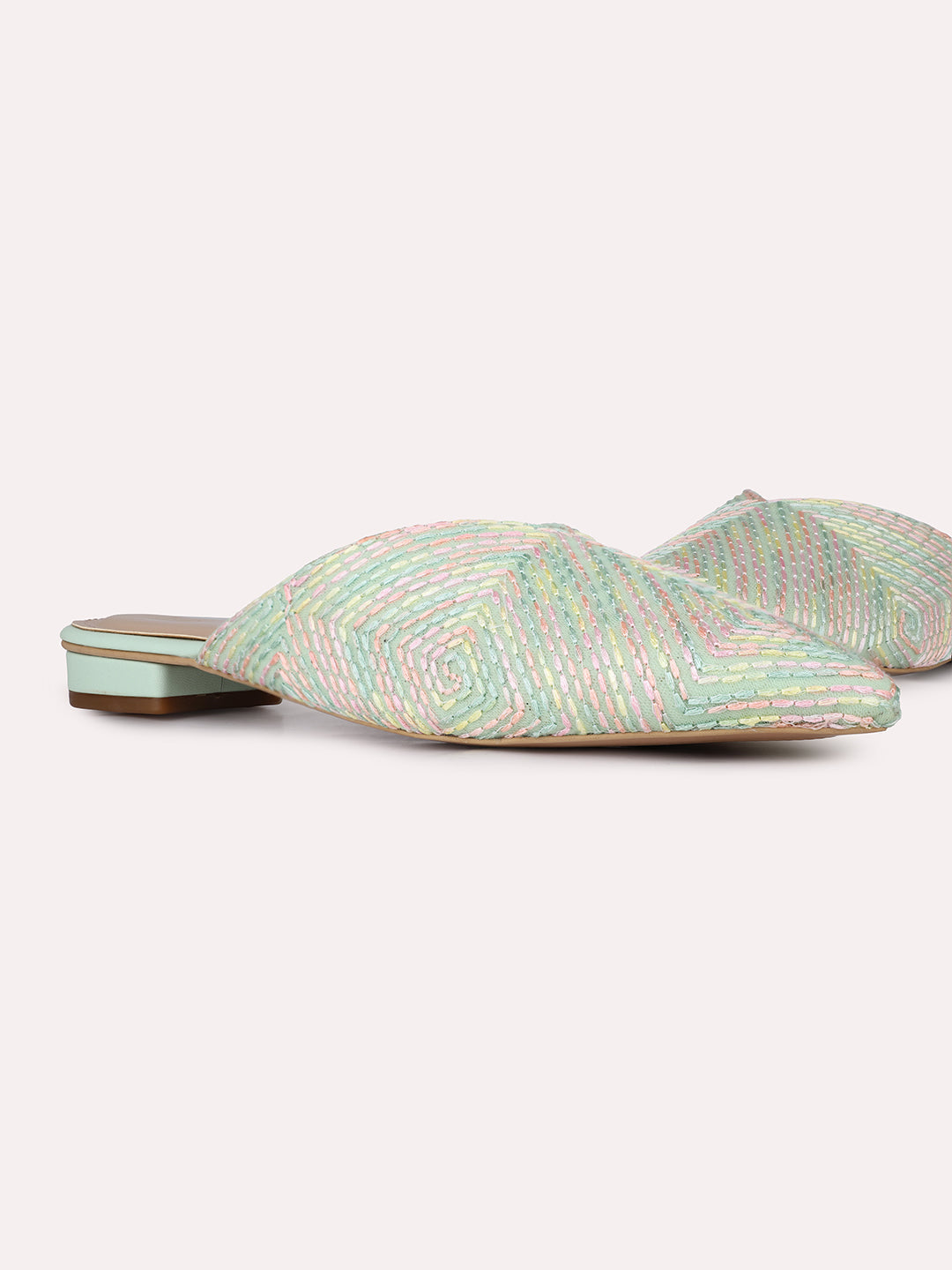 Womens Green Party Wear Printed Toe Flats Mules