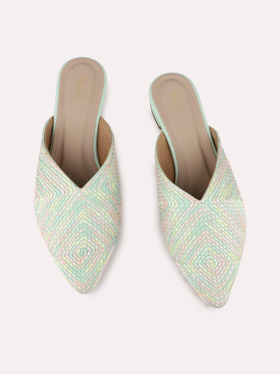 Womens Green Party Wear Printed Toe Flats Mules