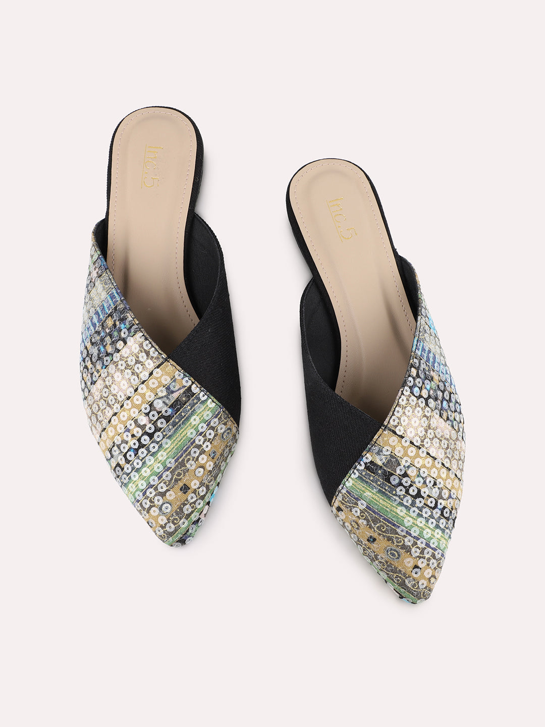 Women Black Casual Printed Pointed Toe Slip-On Flats