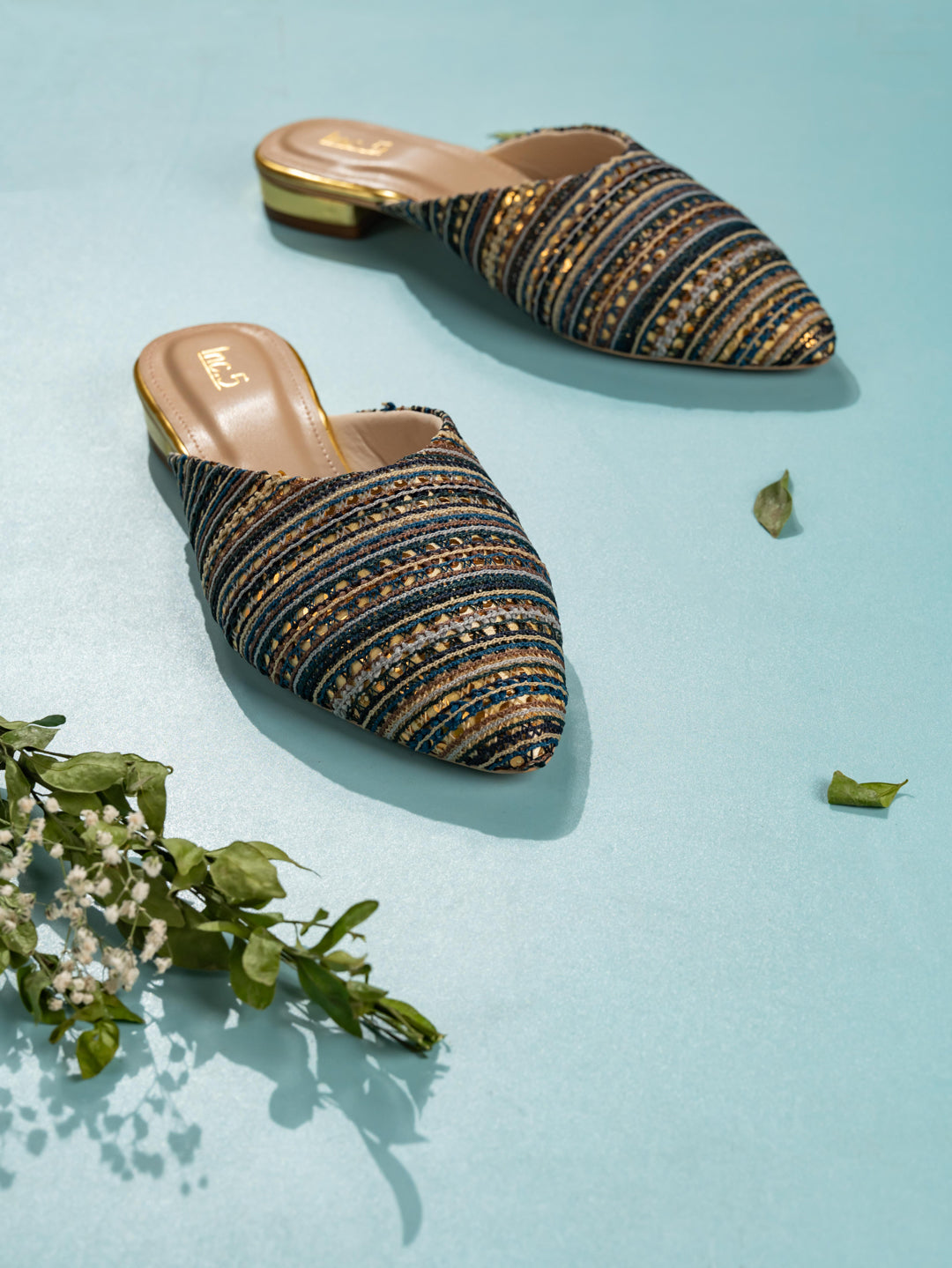 Women Navy Casual Printed Pattern Pointed Toe Slip-On Flats