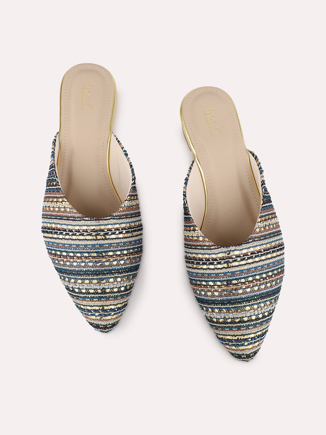 Women Navy Casual Printed Pattern Pointed Toe Slip-On Flats