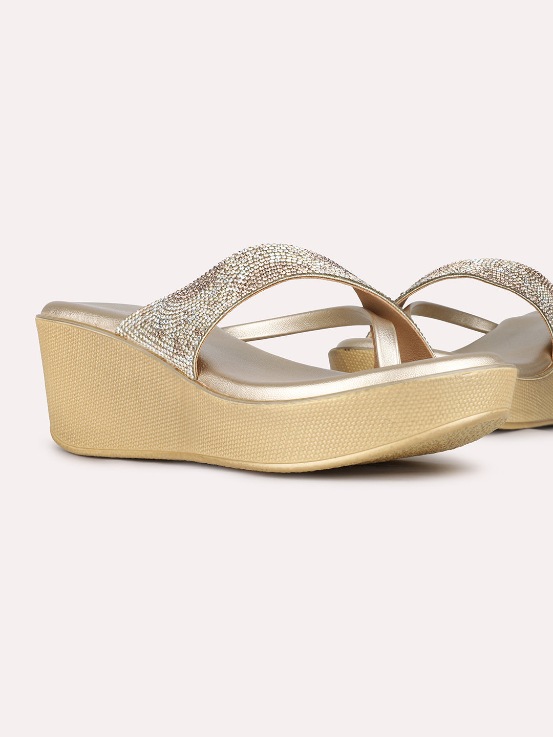 Women Golden Ethnic Embellished Round Toe Wedge Heels