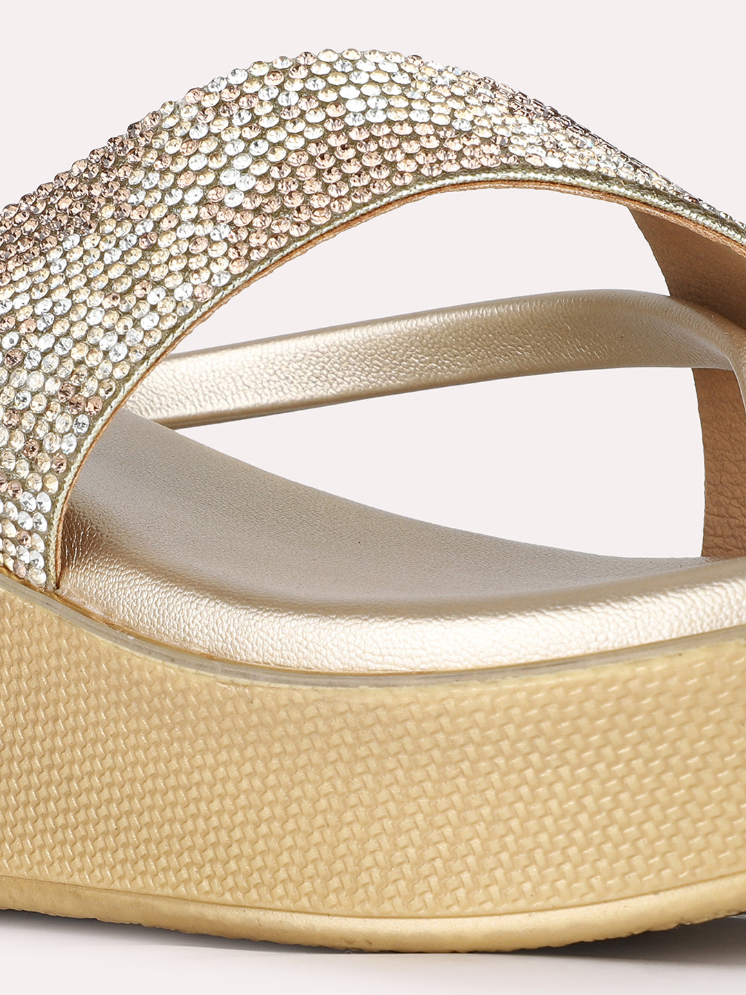 Women Golden Ethnic Embellished Round Toe Wedge Heels