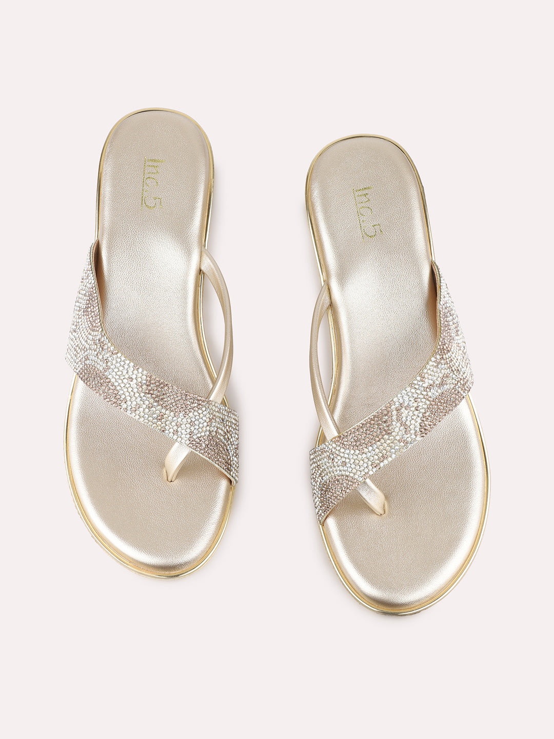 Women Golden Ethnic Embellished Round Toe Wedge Heels