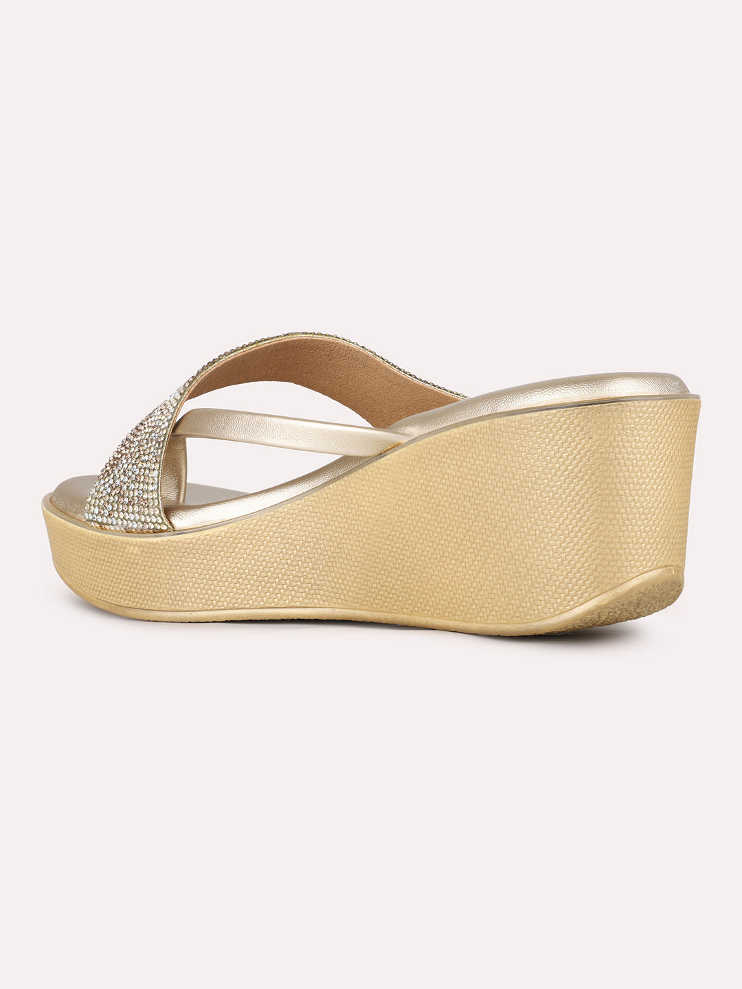 Women Golden Ethnic Embellished Round Toe Wedge Heels