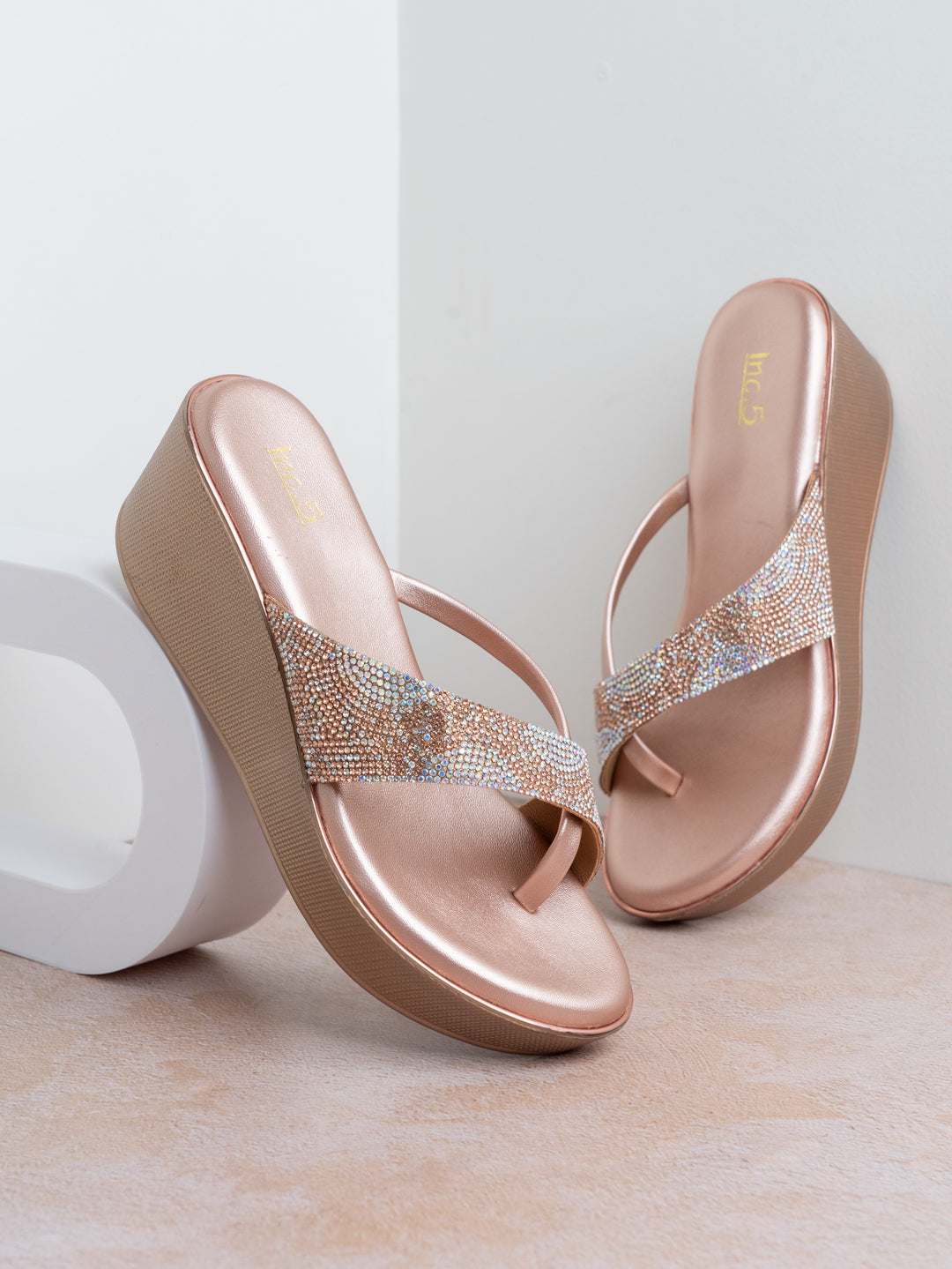 Womens Rose Gold Party Wear Round Toe Wedge Heel Sandals