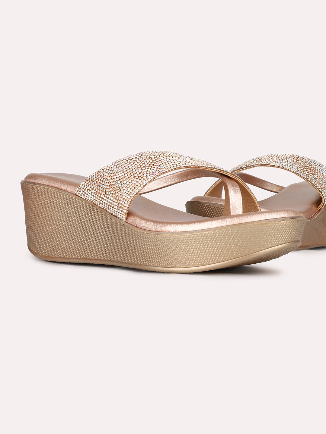 Womens Rose Gold Party Wear Round Toe Wedge Heel Sandals