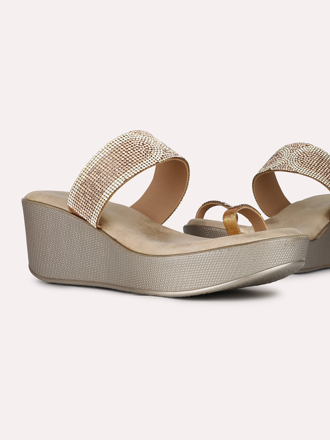 Womens Golden Party Wear Embellished Round Toe Wedge Heel Sandals