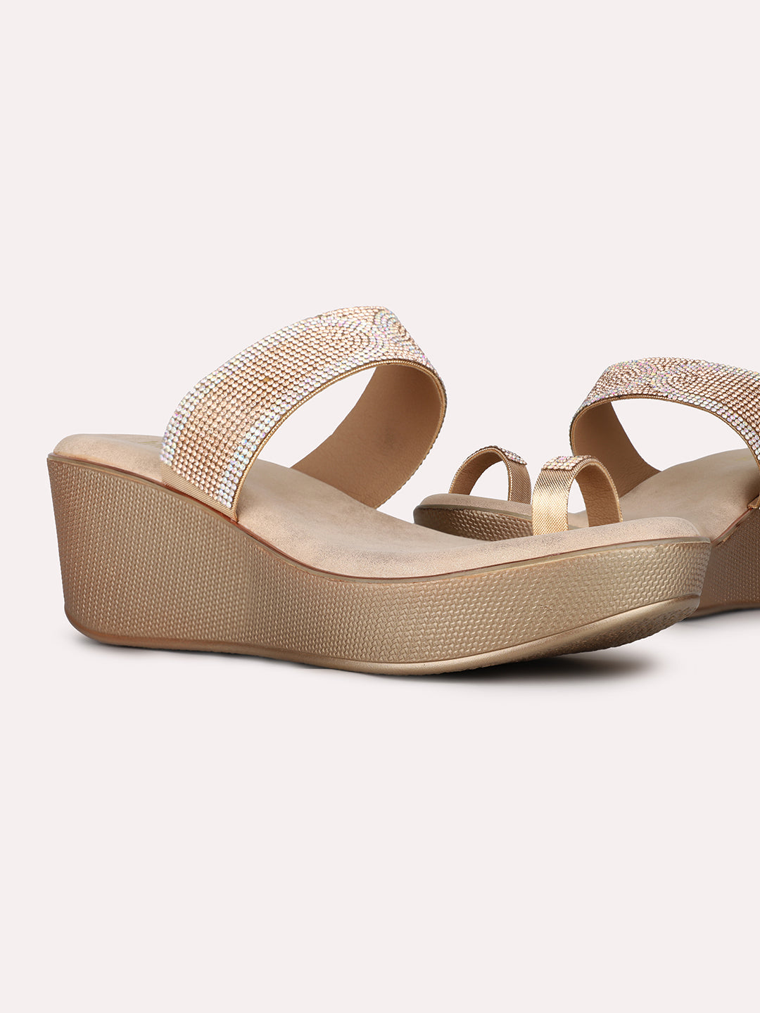 Womens Rose Gold Party Wear Embellished Pattern Wedge Heel Sandals