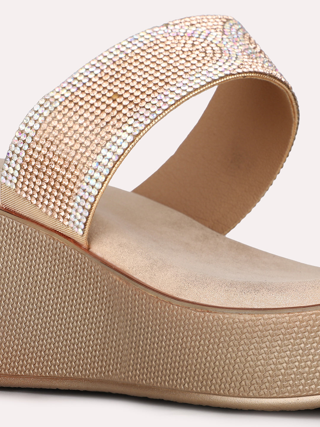 Womens Rose Gold Party Wear Embellished Pattern Wedge Heel Sandals