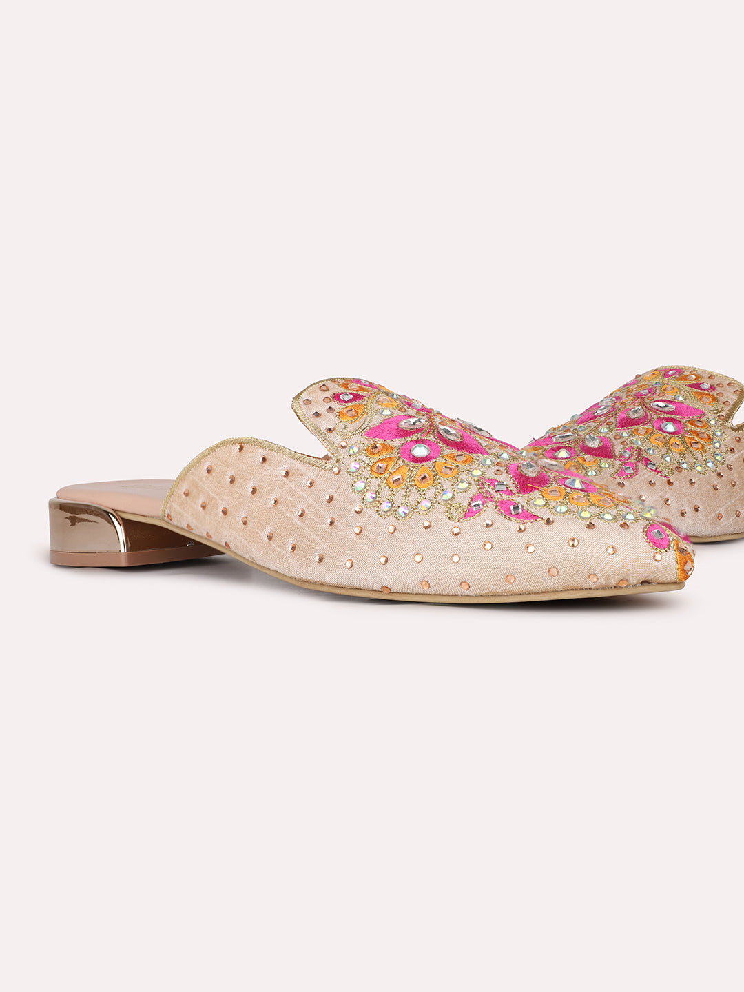 Womens Rose Gold Party Wear Printed Toe Flats Mules