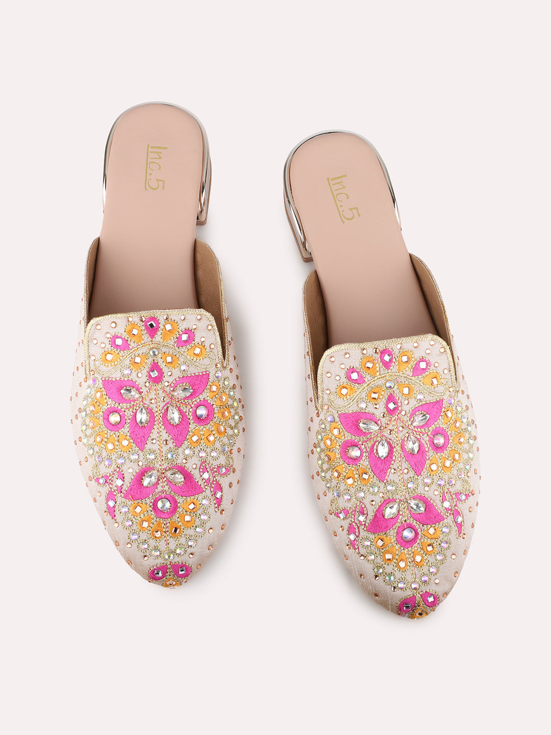 Womens Rose Gold Party Wear Printed Toe Flats Mules