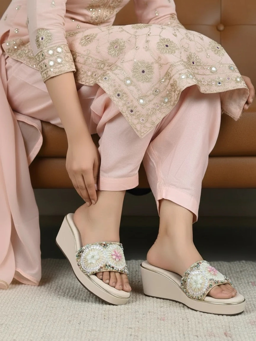 Womens Golden Ethnic Embellished Round Toe Wedge Heels