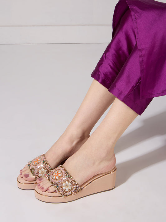 Womens Rose Gold Ethnic Embellished Round Toe Wedge Heels