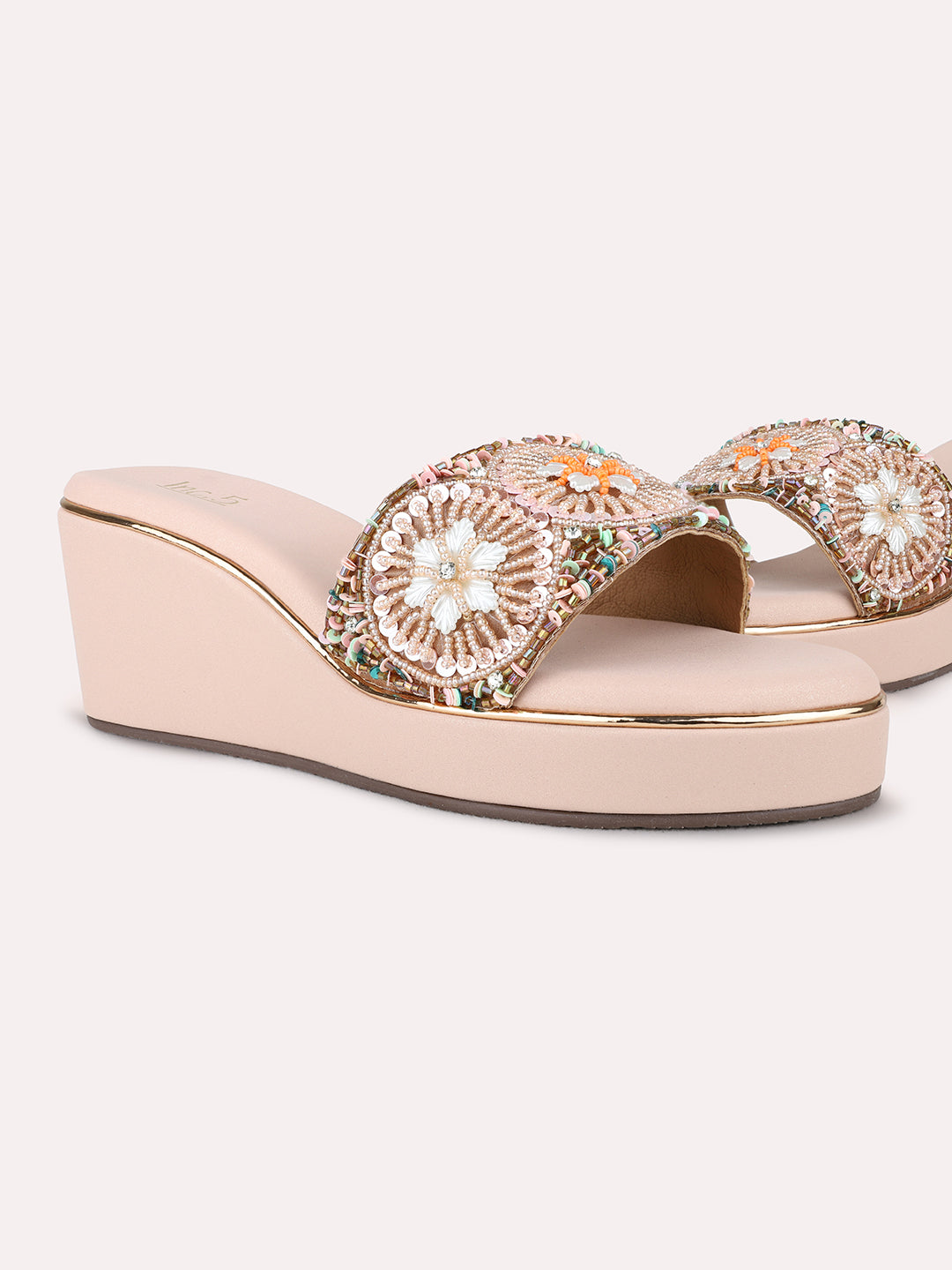 Womens Rose Gold Ethnic Embellished Round Toe Wedge Heel Sandals