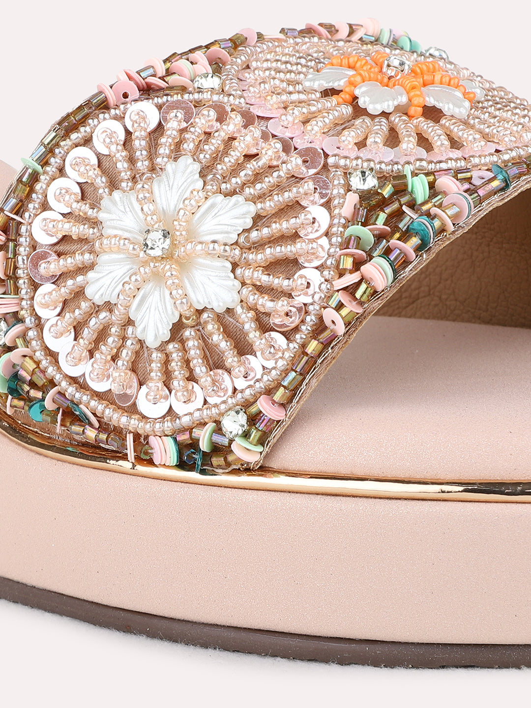 Womens Rose Gold Ethnic Embellished Round Toe Wedge Heel Sandals