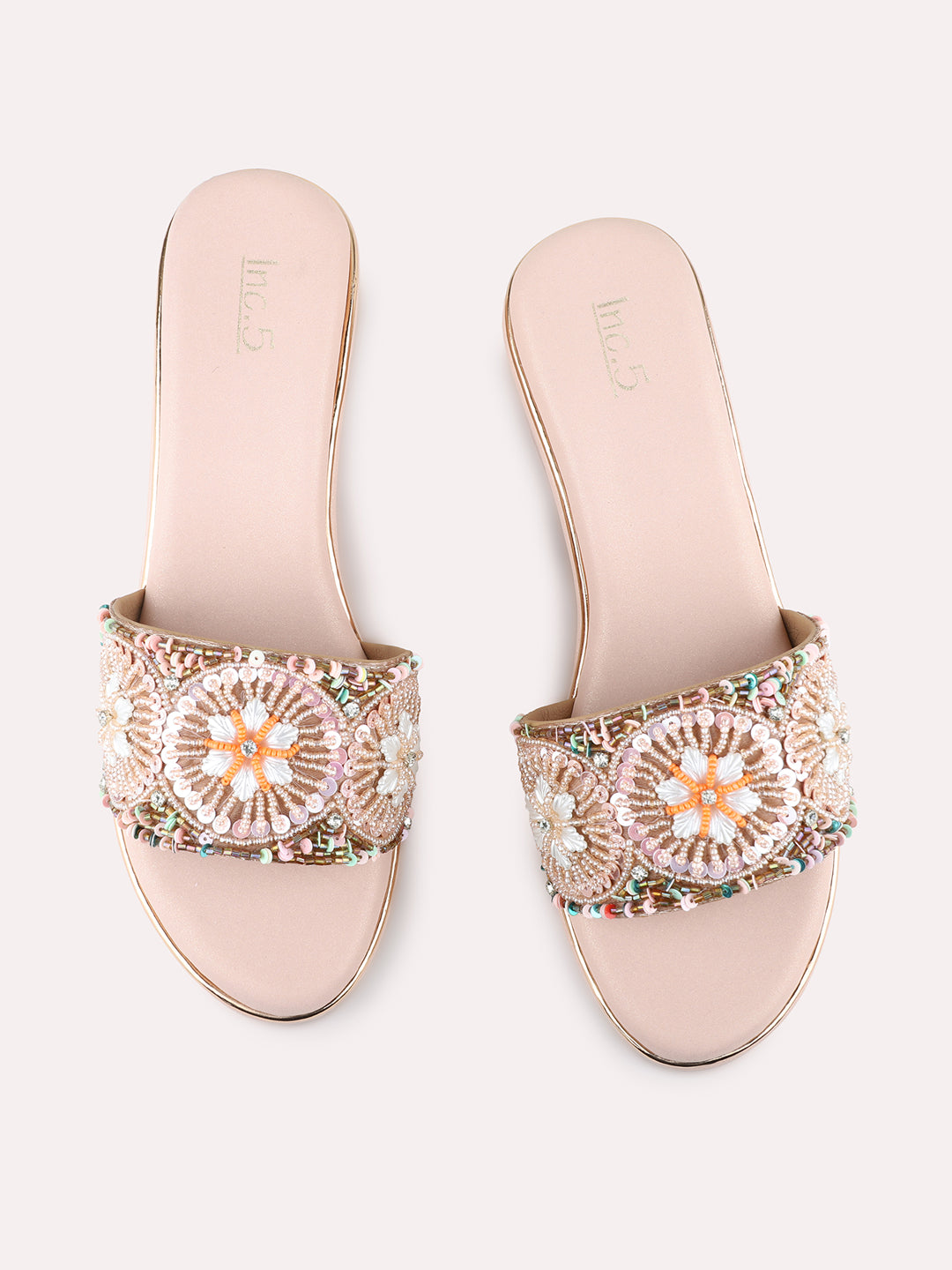 Womens Rose Gold Ethnic Embellished Round Toe Wedge Heel Sandals