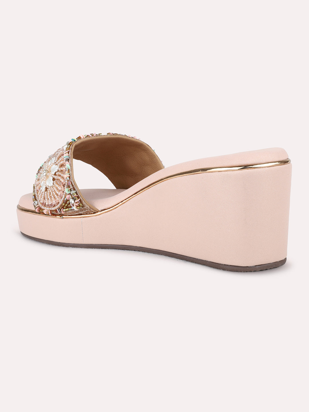 Womens Rose Gold Ethnic Embellished Round Toe Wedge Heel Sandals
