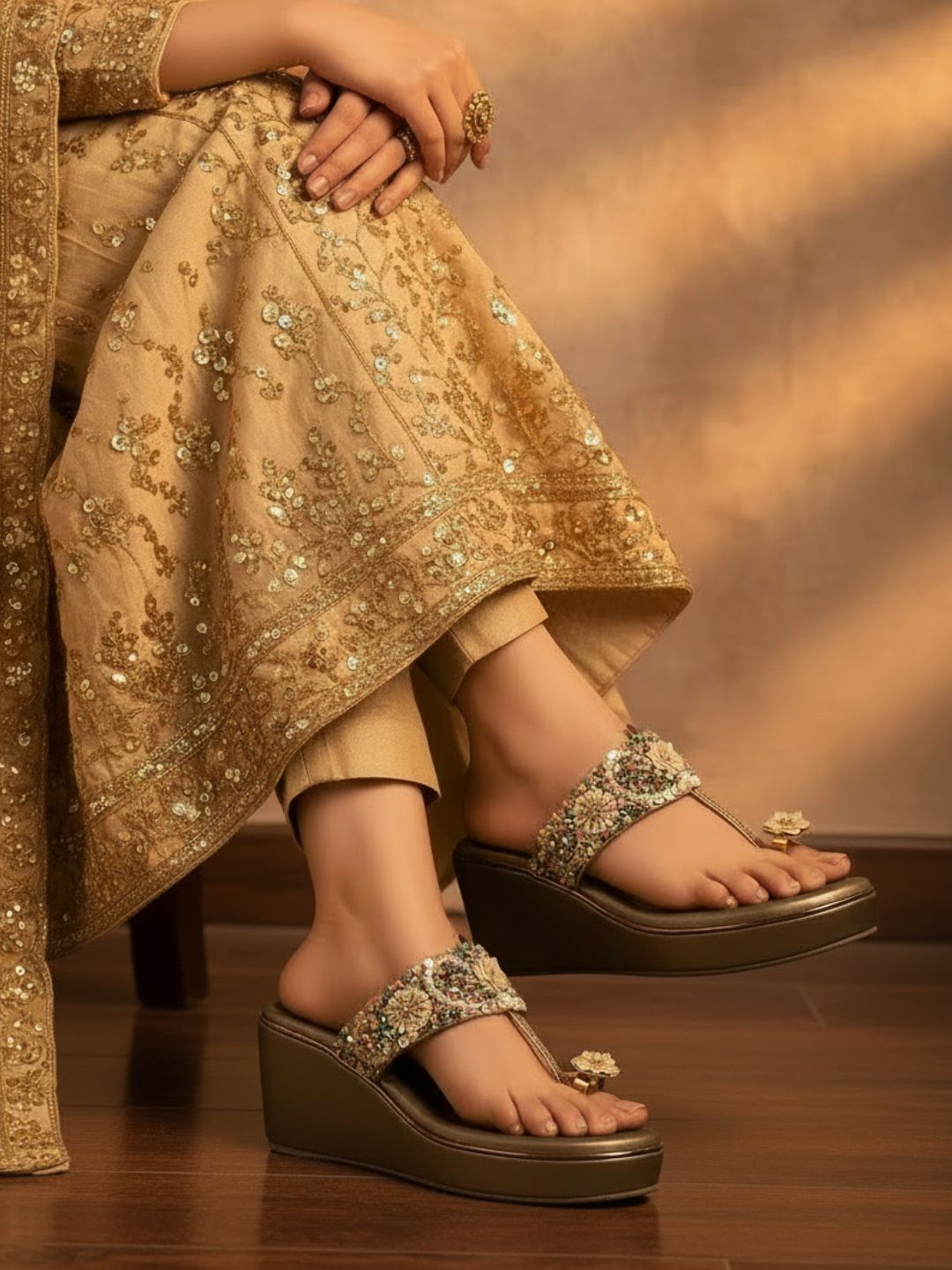 Womens Golden Ethnic Embellished Round Toe Wedge Heels