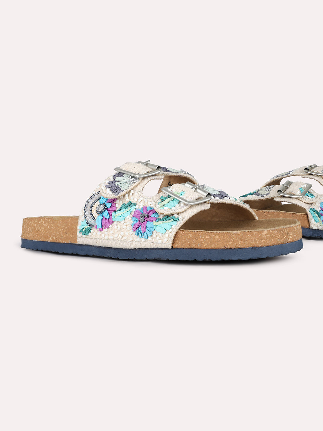 Women Cream Casual Printed Open Toe Slip-On Flat Sandals