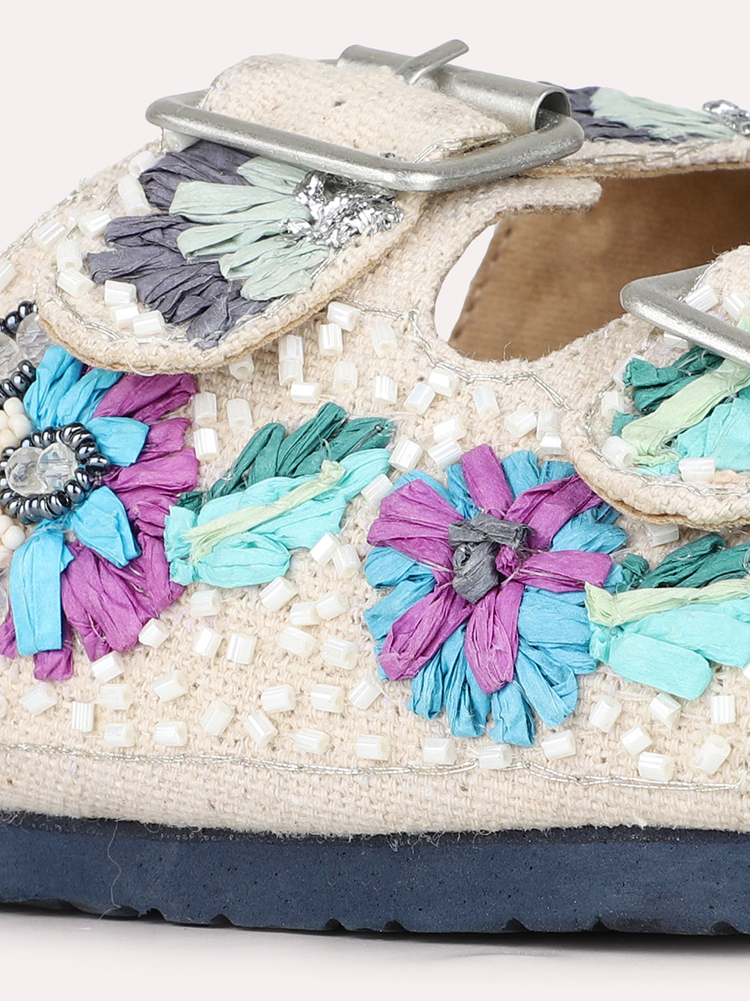 Women Cream Casual Printed Open Toe Slip-On Flat Sandals