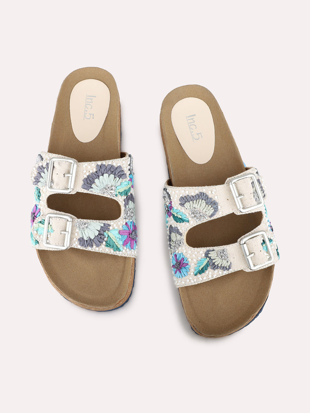 Women Cream Casual Printed Open Toe Slip-On Flat Sandals