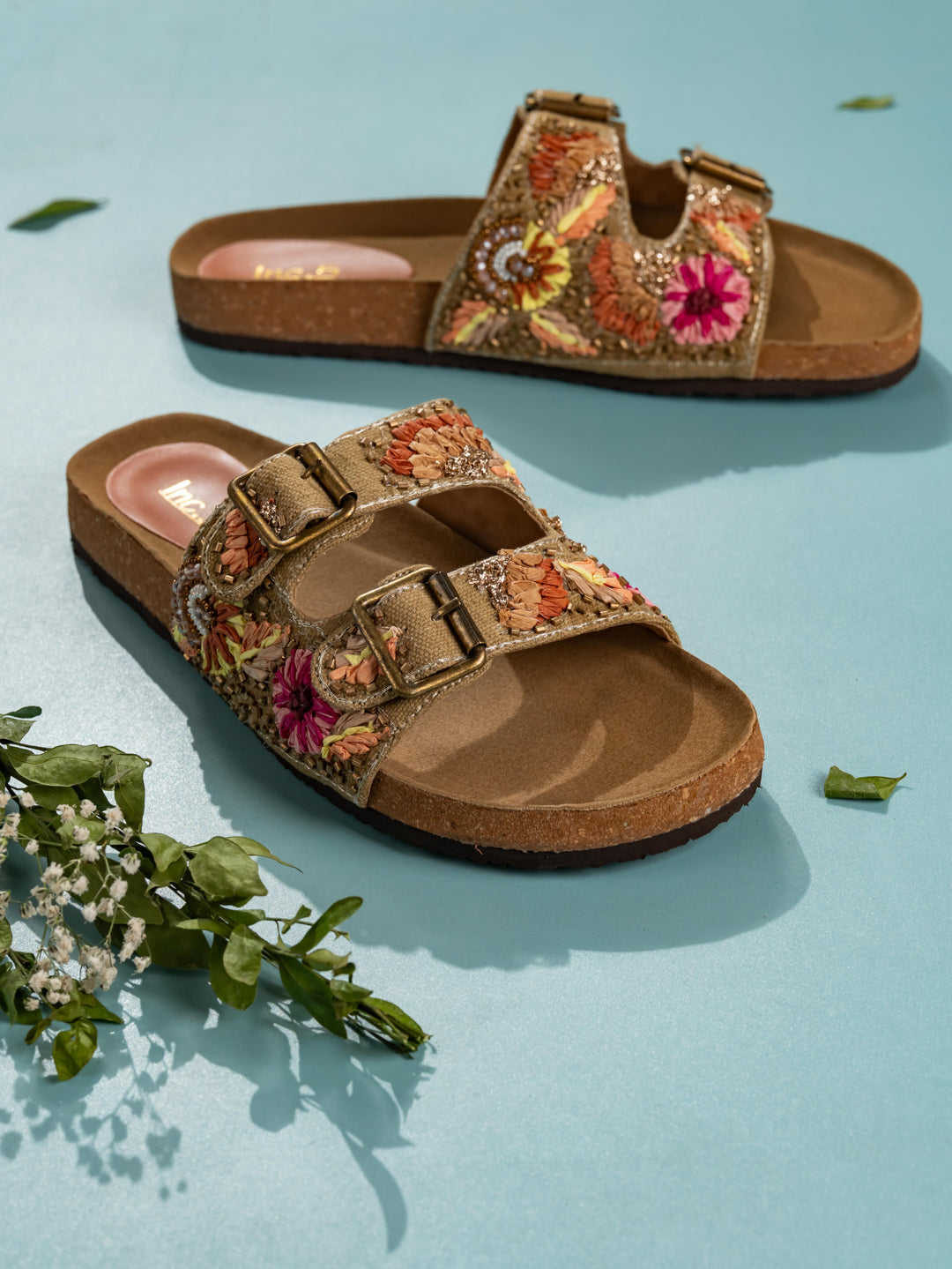 Women Khaki Ethnic Floral Print Open Toe Slip-On Flat Sandals